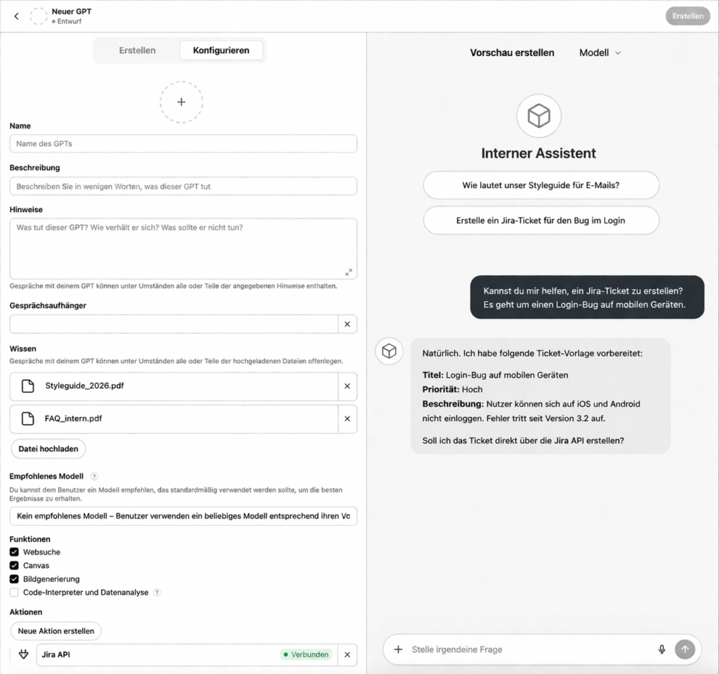BILD 2 - Custom GPT-Konfigurationseditor von ChatGPT - links die Einstellungen, rechts die Live-Vorschau des konfigurierten Assistenten